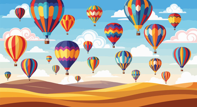 Vibrant hot air balloons fill a bright blue sky with clouds above desert hills. This cheerful illustration evokes adventure, freedom, and celebration