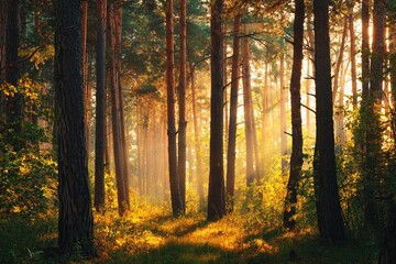 Obraz premium autumn forest trees. nature green wood sunlight backgrounds. High quality