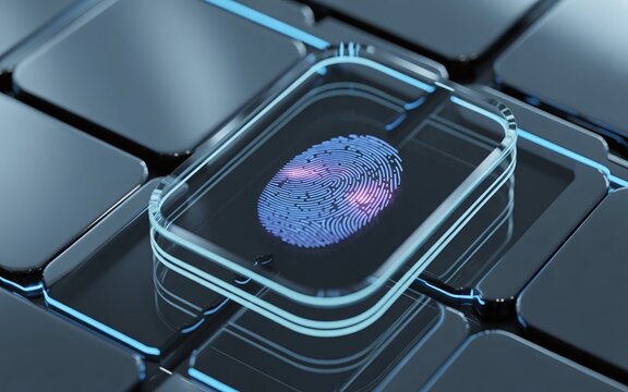 Futuristic biometric fingerprint scan glowing on a transparent digital screen, cyber security authentication concept