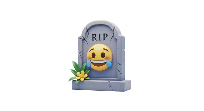 A 3D Render of a Tombstone with a Crying Laughing Emoji, RIP, and Flowers Perfect for Meme, Social Media, and Humor Concepts
