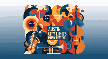 Vibrant, stylized illustration for the Austin City Limits Music Festival. Musicians play saxophone, trumpet, and double bass