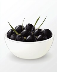 A bowl of glossy black olives garnished with green herbs, showcasing an appetizing and healthy snack.