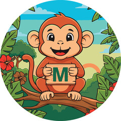Smiling Cartoon Monkey with the letter M in Jungle
