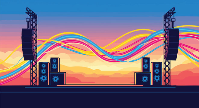 Vibrant vector illustration of an outdoor concert stage with speaker systems