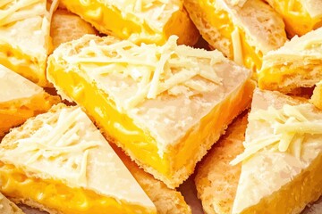 Delicious slices of creamy cheese dessert featuring a golden-yellow filling and topped with shredded cheese.