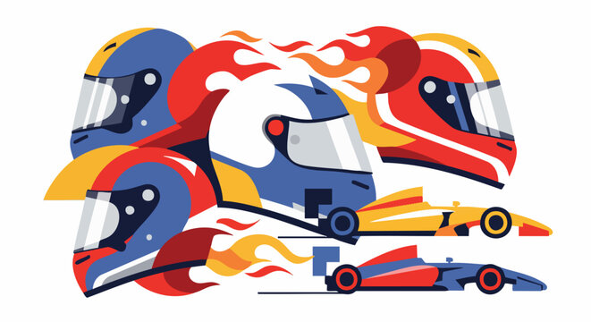 Vibrant vector illustration showcasing racing helmets and sleek formula cars with fiery trails, embodying speed and competitive spirit