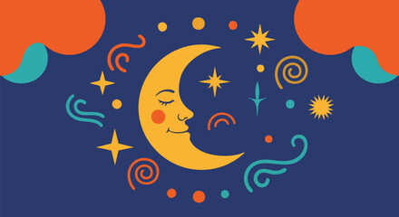 Whimsical illustration of a smiling crescent moon with stars on a vibrant blue background