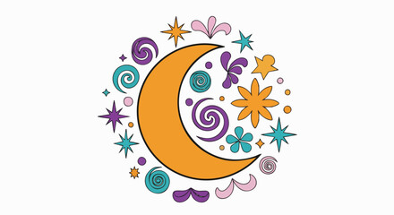 Obraz premium Whimsical illustration of a vibrant crescent moon surrounded by colorful stars, swirls, and abstract shapes