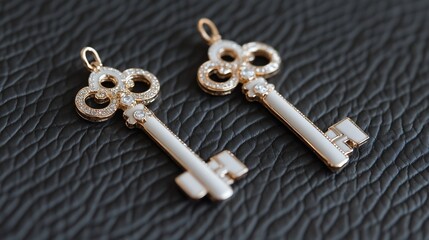 Two ornate gold key pendants with white enamel and clear stones, displayed on a dark surface