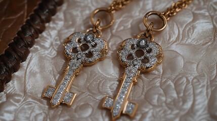 Two ornate gold key pendants, encrusted with glittering stones, rest on a textured surface beside a leather-bound book