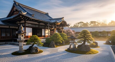 A serene and traditional Japanese Zen garden featuring raked gravel, manicured trees, and an ancient temple bathed in soft morning sunlight