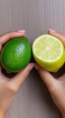 Two limes, one whole, one halved, held gently in hands against a neutral background
