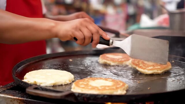 Street vendor flipping tacos al pastor hot grill cinematic UHD Mexican street food lifestyle stock footage. mobile chef preparing seasoned pork dish vivid ultra high definition