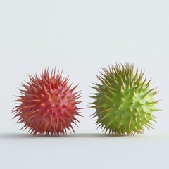 Two vibrant, spiky fruit-like objects, one red and one green, create an eye-catching visual contrast against a plain background.