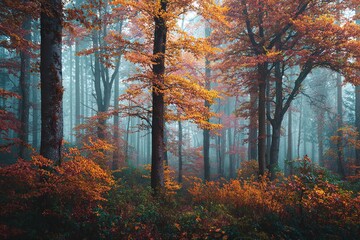 Obraz premium Colorful and foggy autumn forest. High quality