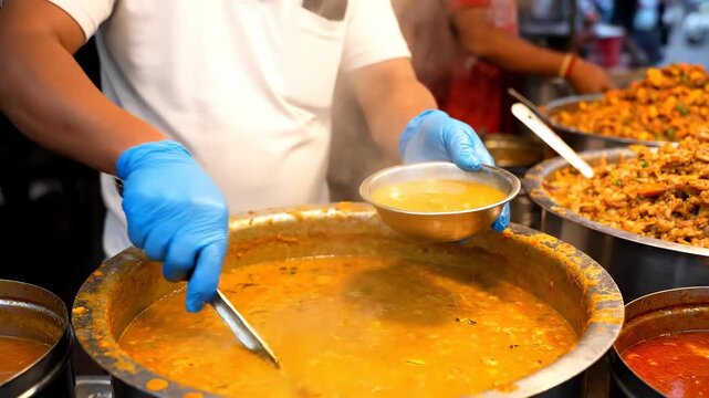 Street vendor pouring spicy Indian dhal metal bowl cinematic UHD authentic food lifestyle stock footage. flavorful lentil stew prep urban cuisine seller spiced dish service