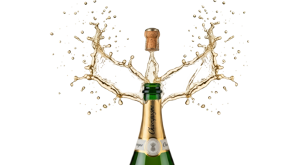 Champagne bottle popping with a splash of bubbly liquid and cork flying, isolated on transparent background