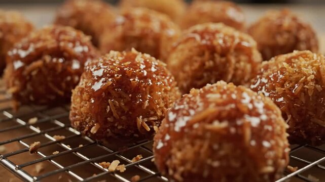 Trinidadian coconut drops baked brown sugar glaze cinematic UHD authentic Caribbean dessert lifestyle stock footage. island treat confection sugar coating baked good hd