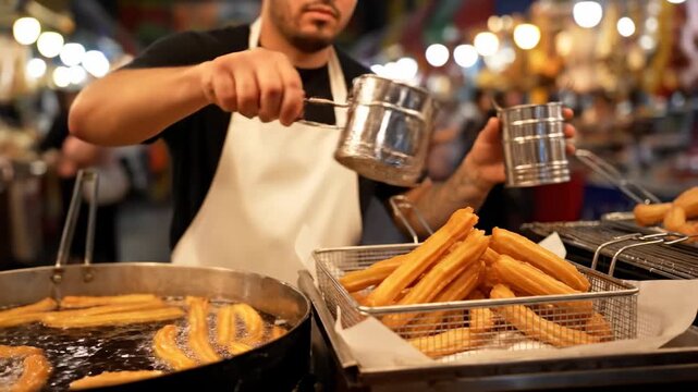 Vendor frying golden churros sprinkled sugar cinematic UHD authentic Latin dessert lifestyle stock footage. seller preparing sugary fried dough hispanic treat ultra high