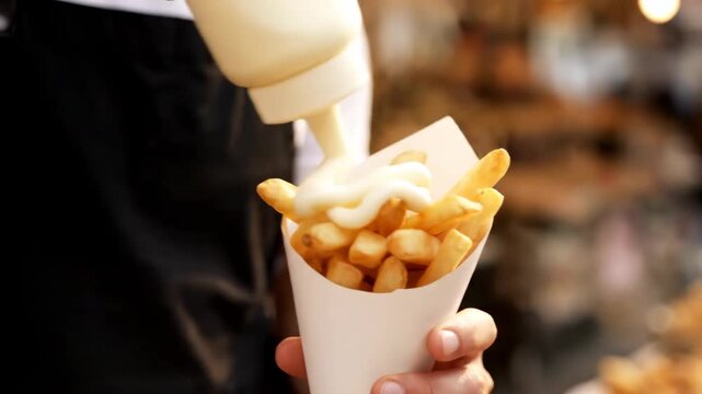 Vendor preparing Belgian fries mayonnaise topping cinematic UHD authentic European street food lifestyle stock footage. purveyor crafting fried potato condiment filmic ultra high