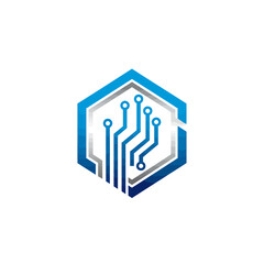 Obraz premium Futuristic tech vector logo with circuit board icon in hexagon frame