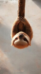 Upward-facing sloth hanging from a branch, sunlight illuminating its fur