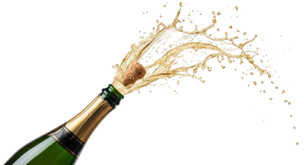 Champagne bottle popping with cork flying and liquid splashing, isolated on transparent background