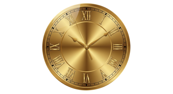 Closeup of a luxurious golden clock face with roman numerals, isolated on transparent background