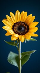 Vibrant yellow sunflower with dew drops, isolated against a deep blue background