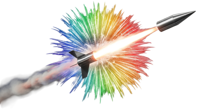Rocket launching with a rainbow explosion behind it, isolated on transparent background