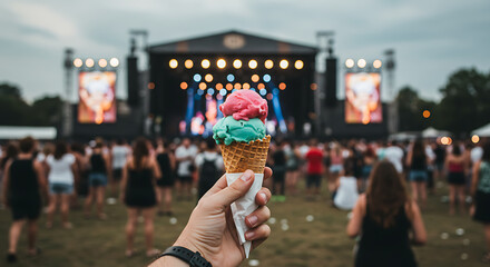 Hand holding colorful ice cream cone at vibrant outdoor music festival with blurred stage and crowd in background
