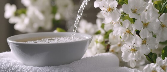 Water pours into a bowl of bubbly liquid, beside blossoming white flowers on a soft towel
