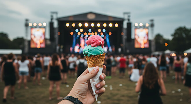 Hand holding colorful ice cream cone at vibrant outdoor music festival with blurred stage and crowd in background