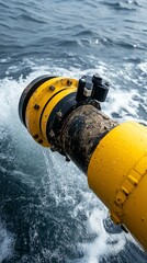 Yellow and black marine pipe discharging fluid into churning water