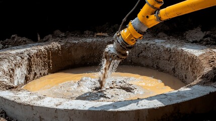 Yellow machinery pours muddy water into a circular concrete basin during construction