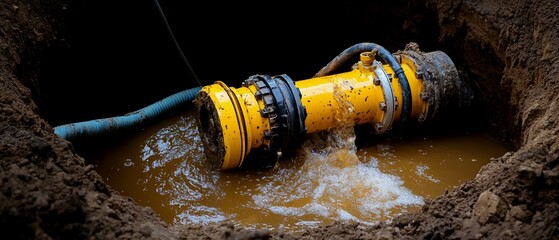 Yellow pipe leaking muddy water in a dug hole