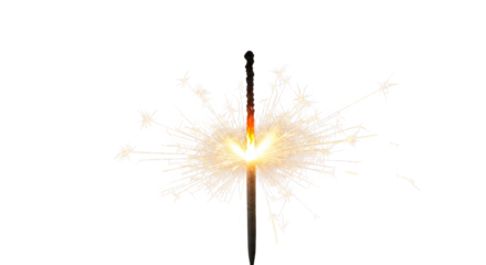 Sparkler burning with bright sparks isolated on transparent background