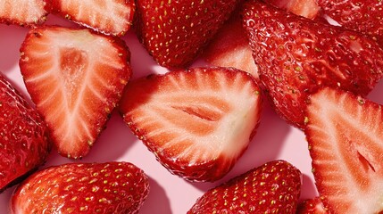 Close-up of halved and whole strawberries on pink