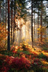 Autumn forest at morning with rays of warm sun light shine through branches and vivid gold and red fall leaves. High quality