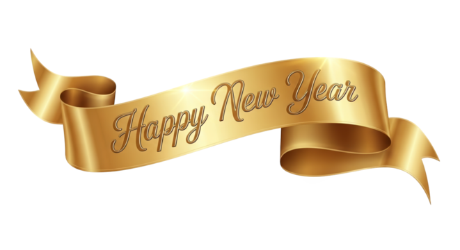 Golden ribbon with the text happy new year isolated on transparent background