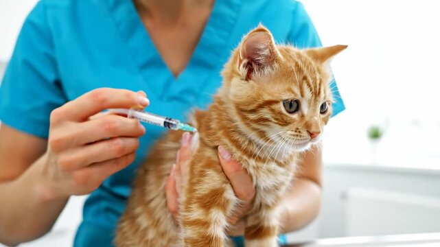Close up vet giving vaccination shot calm kitten cinematic UHD handheld pet healthcare lifestyle stock video. feline immunization veterinarian injects docile young cat domestic animal