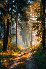 Obraz premium Autumn forest road at warm sunny fall morning. High quality