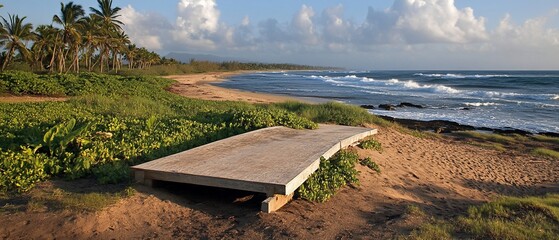 Wooden platform overlooks sandy beach, palm trees, and ocean waves under a partly cloudy sky