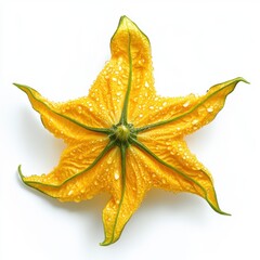 Fototapeta premium A vibrant yellow star-shaped flower featuring glistening water droplets against a clean white background.
