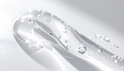 Abstract close-up of a clear viscous liquid gel with air bubbles on a white surface, highlighting its pure texture and scientific qualities.