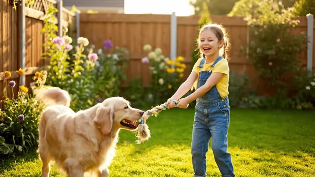 Dog child playing tug war rope toy cinematic UHD bonding family pet lifestyle stock footage. canine kid grappling cordage plaything filmic ultra hd connection domestic
