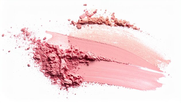 Smashed pink and peach cosmetic powders with a creamy swatch on a white background, showcasing beauty product textures and colors.