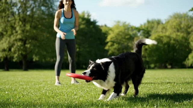 Dog owner tossing frisbee border collie park cinematic UHD active pet lifestyle stock footage. canine guardian flinging disc herding breed meadow filmic ultra high definition