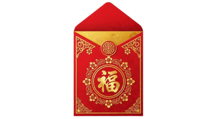 Red envelope with chinese character for fortune, isolated on transparent background