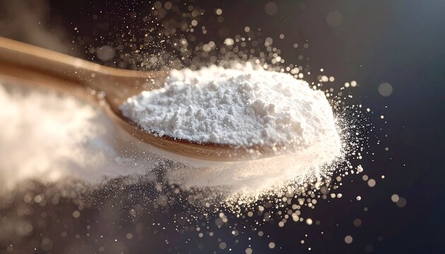 Close-up of a wooden spoon overflowing with fine white powder, scattering particles in dynamic motion against a dark background with bokeh light.